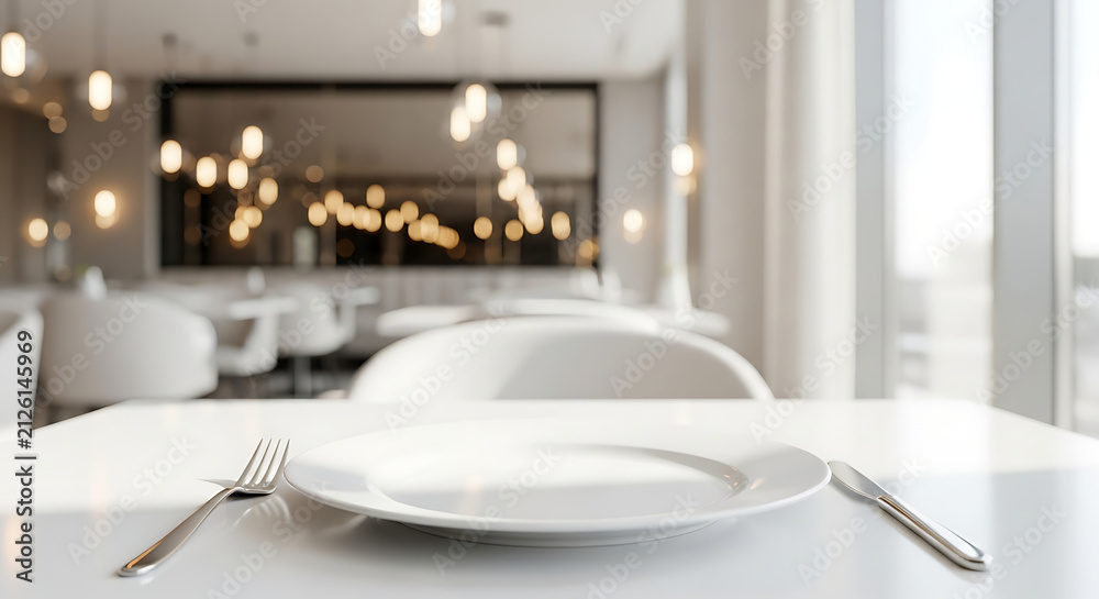 Fototapeta premium Empty plate with fork and knife on a table in a modern restaurant