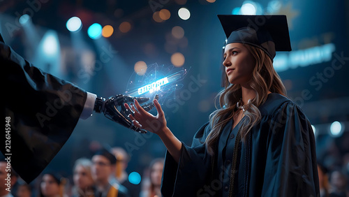 Female graduate in cap and gown receives digital diploma from robotic hand, futuristic graduation ceremony with bokeh lights