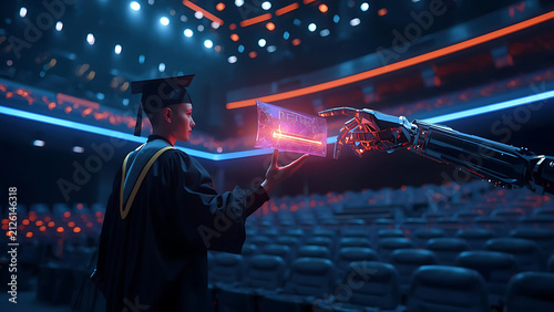 Future Graduation: Student in Cap and Gown Interacts with Futuristic Robotic Hand Displaying Digital Data