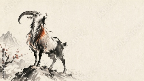 Chinese New Year 2027 Goat Zodiac Ink Wash Painting with Plum Blossoms, Mountain Landscape and Copy Space on Textured Paper. AI generative