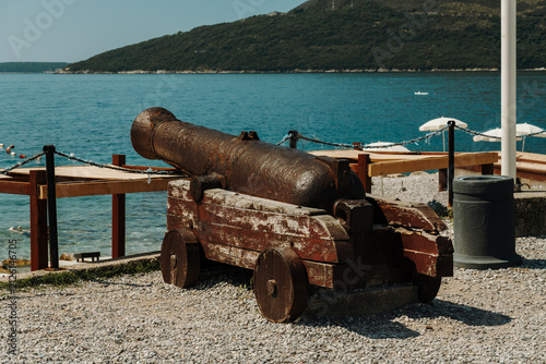 Cuadro en lienzo Old iron cannon displayed beside the Adriatic waterfront in Herceg Novi, Montenegro