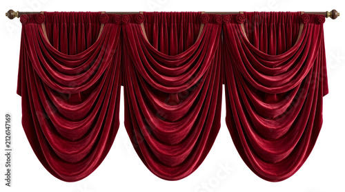 Swag red velvet curtain valance with decorative folds for theater window treatment isolated on transparent background luxury textile element for interior design set