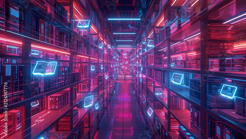 Futuristic Digital Library Sci-Fi Corridor with Glowing Books and Neon Lights