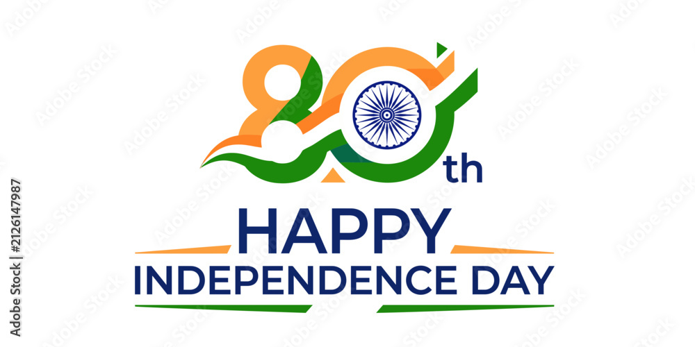 Fototapeta premium 80th Happy Independence Day India logo, patriotic tricolor 80 anniversary typography, Indian flag colors celebration vector for national holiday