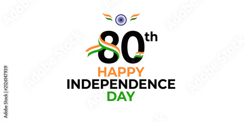 80th Happy Independence Day India celebration logo, Indian tricolor flag ribbon with Ashoka Chakra, patriotic 80 years anniversary vector design