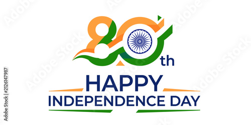 80th Happy Independence Day India logo, patriotic tricolor 80 anniversary typography, Indian flag colors celebration vector for national holiday