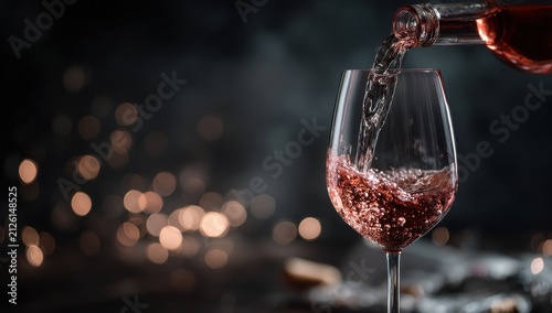 A glass of red wine being poured from a bottle in a dimly lit setting with soft golden bokeh lights in the background