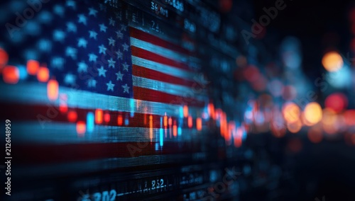 Abstract background featuring the united states flag combined with glowing digital financial stock market charts and data analysis for economic growth and investment concepts