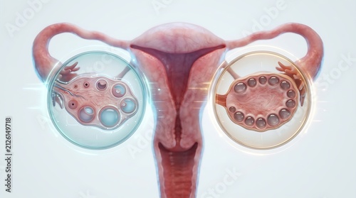 3d medical illustration of the female reproductive system with magnified views of ovaries showing follicular development and polycystic ovary syndrome