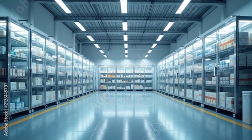Almacén refrigerado lleno de productos farmacéuticos almacenados bajo condiciones de temperatura precisas