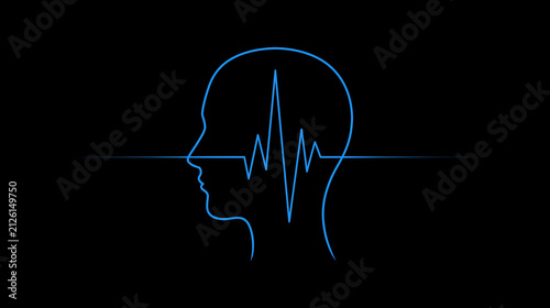 Line art of human head silhouette with heartbeat graphic  