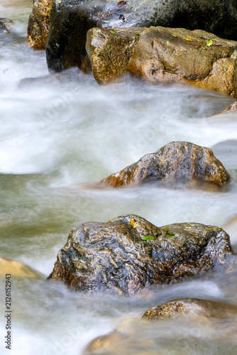 water flowing over rocks. Cascading Waterfall Over Log in Forest Stream