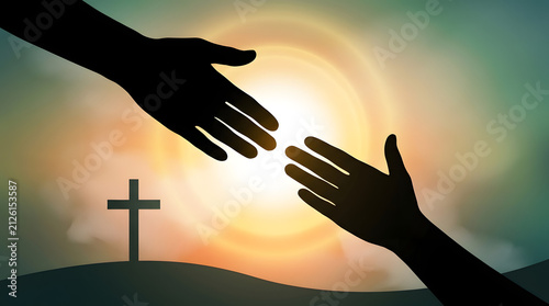 Silhouette of Two Hands Reaching Toward Each Other with a Cross and Bright Sun Background Representing Faith and Hope