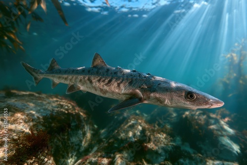 Curious spiny dogfish shark in clear blue coastal waters