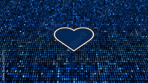Heart symbol on digital binary code background in blue tones  