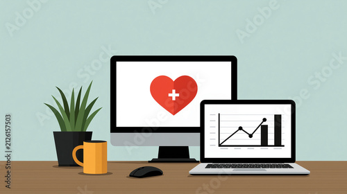 Desktop computer and laptop displaying health data and charts  