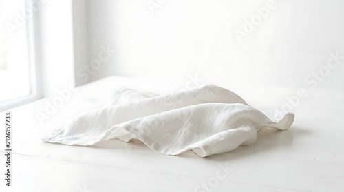 Minimalist Scene of White Crumpled Linen Fabric on a Bright Wooden Table with Natural Soft Lighting