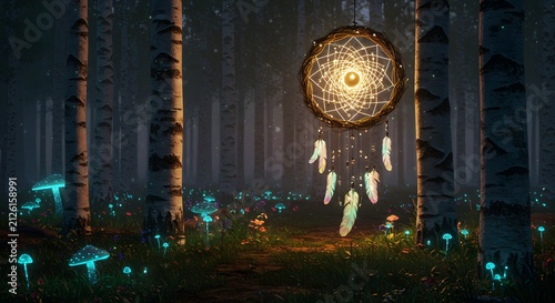 Enchanting dreamcatcher suspended in a magical forest with glowing mushrooms and birch trees