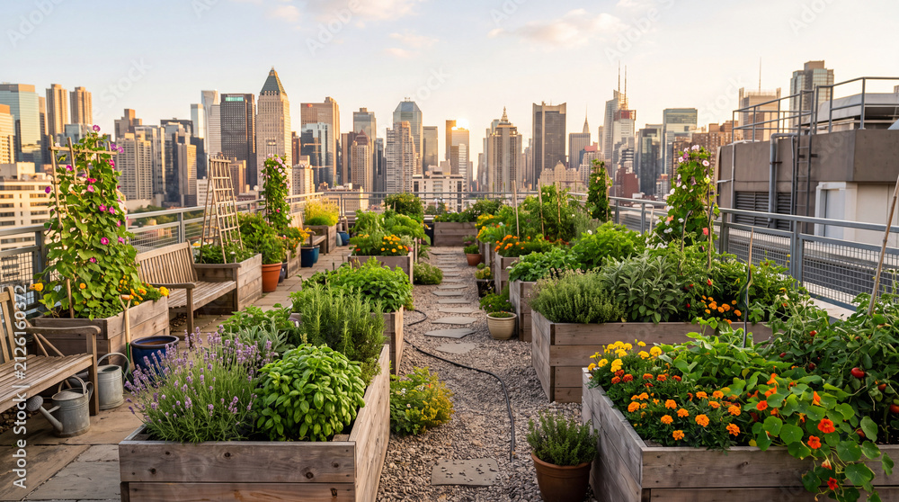 Fototapeta premium Urban Rooftop Garden with Wooden Planters and City Skyline