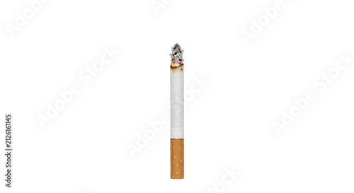 Konstfotografi Burning cigarette with ash and glowing ember on a white background