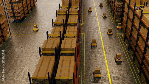 3D Illustration of Autonomous Mobile Robots Operating in a Modern Automated Warehouse with Shelving and Cardboard Boxes.