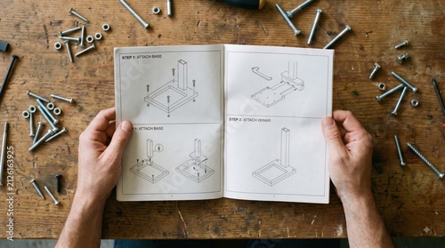 Person assembling furniture following instructions with manual and tools on a wooden table, representing DIY projects, assembly, and craftsmanship.