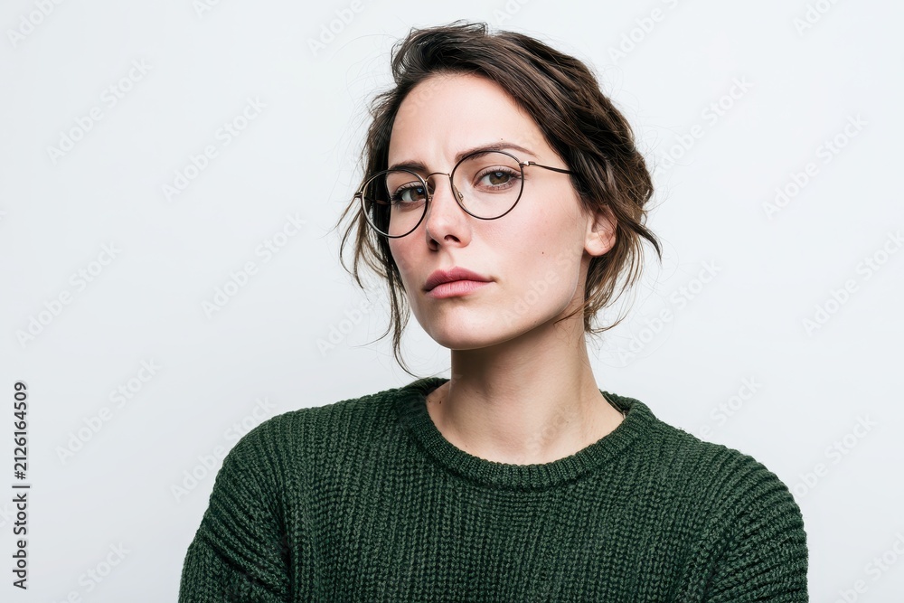 Obraz premium Focused gaze: woman wearing large eyewear in a green knit sweater against a white backdrop
