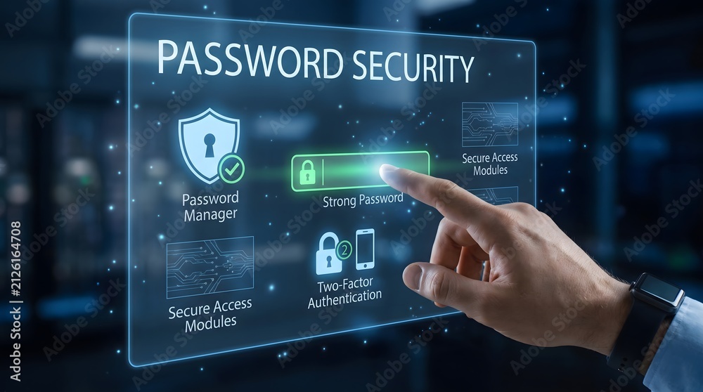 Fototapeta premium A business professional interacting with a futuristic cyber security holographic interface to manage digital password protection and data privacy