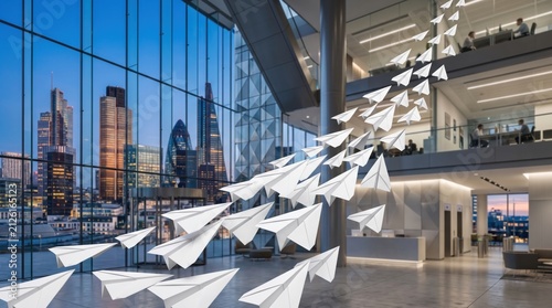 Paper airplanes swarm through a modern glass office building at sunset time.