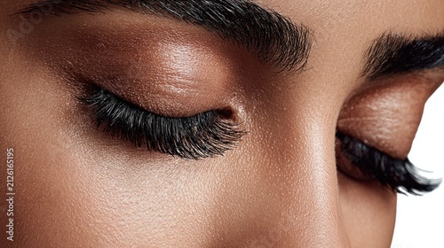 Close up of closed eyes with long eyelashes and defined eyebrows