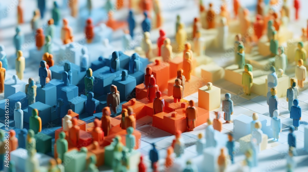 Fototapeta premium Demographic mapping multicolored characters social analysis population insights organizational planning strategic framework flat design top view business growth theme 3D render Split complementary 