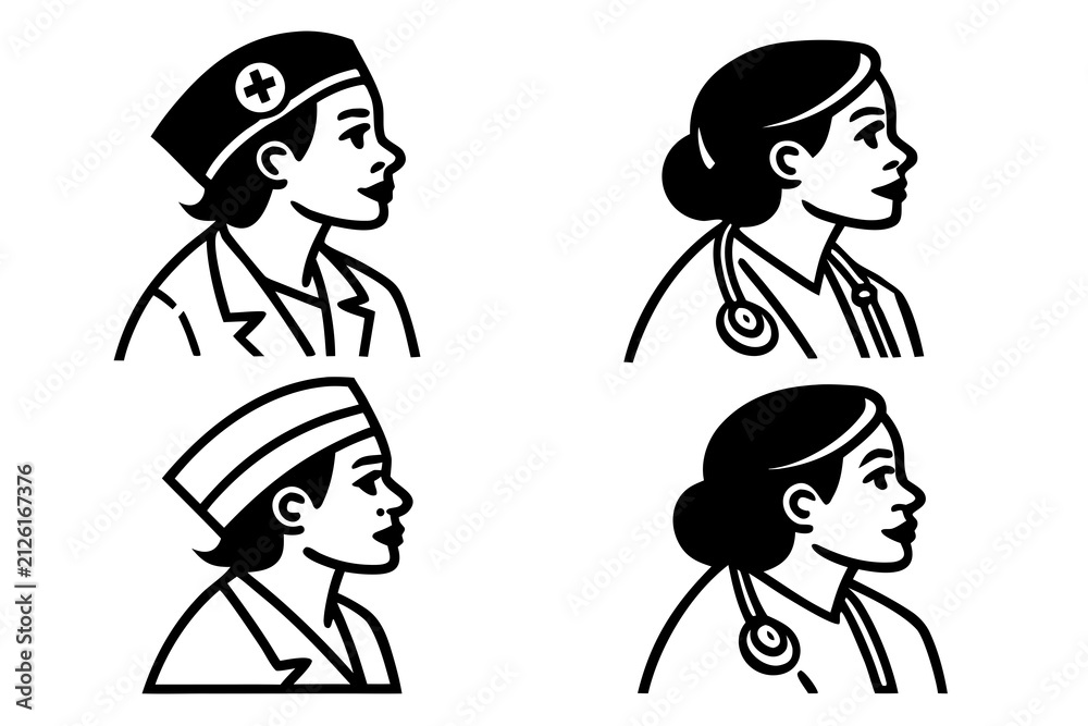 Fototapeta premium Four women with different hairstyles and headwear side view
