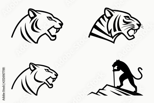 Set of wild animal heads in black and white line art
