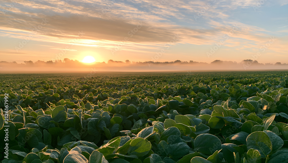 Fototapeta premium At dawn, the soybean field, a depiction of agricultural techniques