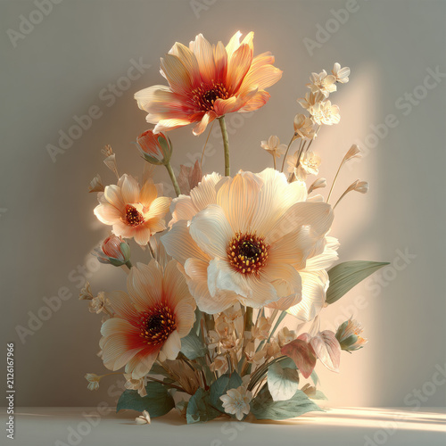 Floral arrangement daisy bloom flower summer cream peach bouquet vase leaf in warm sunlight with soft shadow and delicate botanical decor