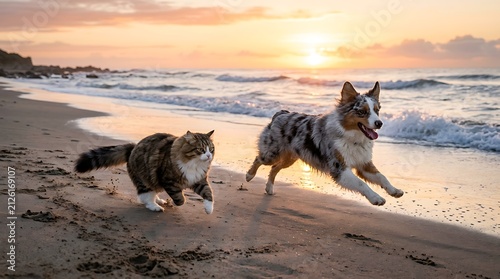 Dog and cat running on beach at sunset.