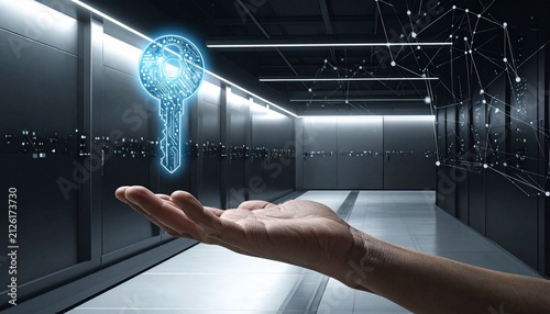 Digital key glows with radiant clarity, radiating resilience, security, and access; a vivid emblem of encryption, trust, and transformation within technology.