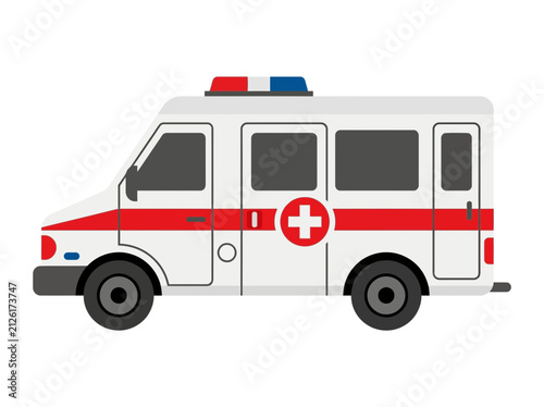 White ambulance vehicle with red cross and blue lights.