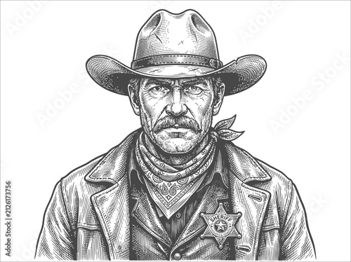 Western sheriff portrait in cowboy hat and badge.