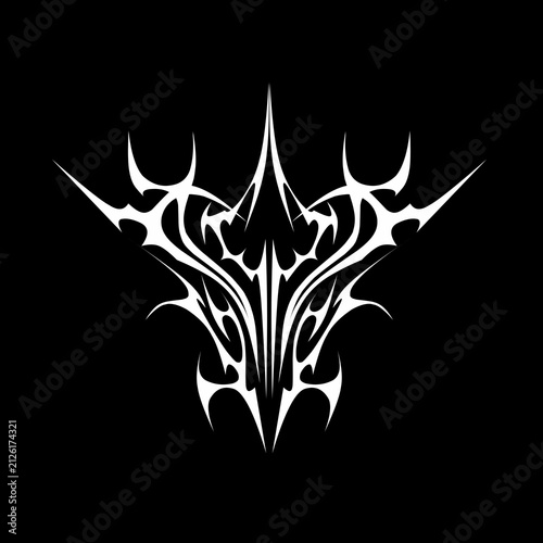 Abstract cyber sigilism tribal crown logo ornament design with sharp spikes. Symmetrical vector emblem on black background, perfect for streetwear clothing brands, metal band merchandise