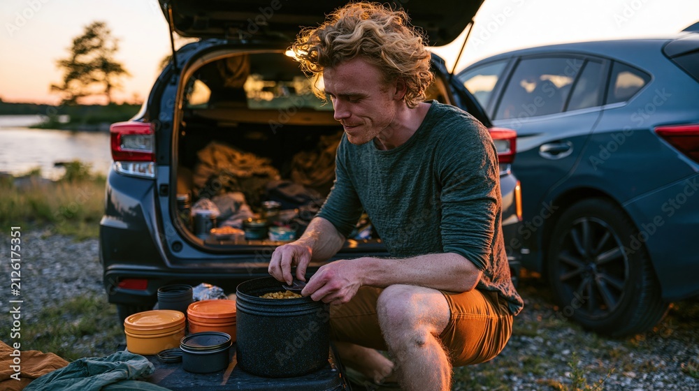 Fototapeta premium Young man preparing meal at open car trunk during outdoor adventure