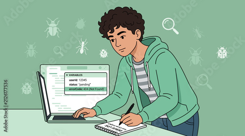 Young boy coding and debugging software on laptop, surrounded by bugs and magnifying glasses.