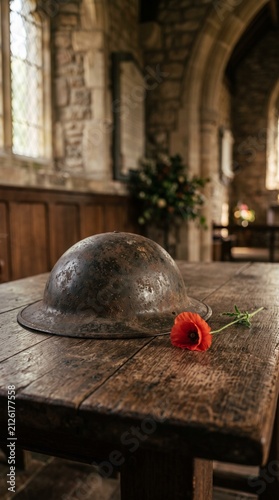 Old rusty World War helmet resting on a rustic wooden table with a single red poppy inside a quiet historical church for remembrance