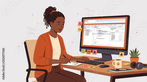 Young black woman working on computer, focused and productive at desk