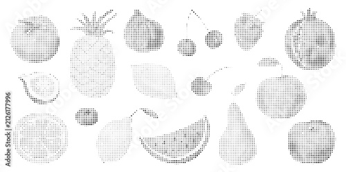 Set of various fruits silhouettes made of halftone dots