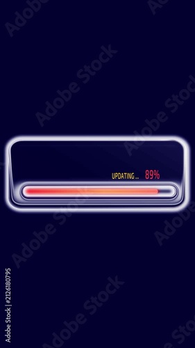 Abstract Interface liquid glass morphism on progress bar update 100% processing loader, futuristic UI displaying in vertical graphic design background.
