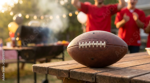 Leather American football on wooden table at backyard tailgate party with grill, game day celebration and outdoor gathering