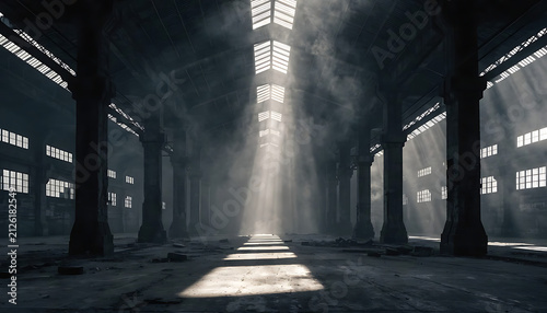 Cinematic view of an ancient tunnel or indoor architecture with dramatic light rays