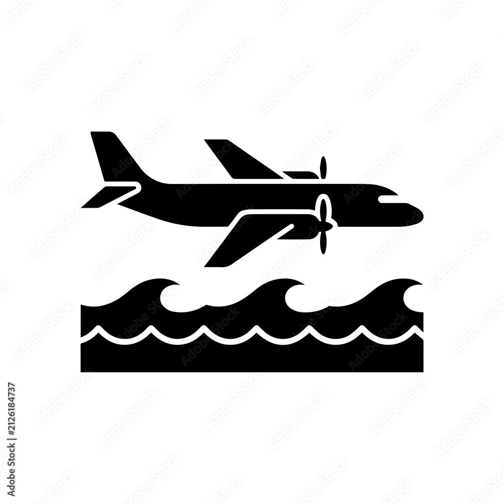 Obraz premium Black silhouette of a propeller airplane flying over stylized ocean waves, representing air travel, tourism, and flight, isolated on white