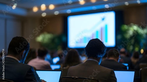 Business conference presentation with audience, professional seminar with data chart on screen, corporate meeting event